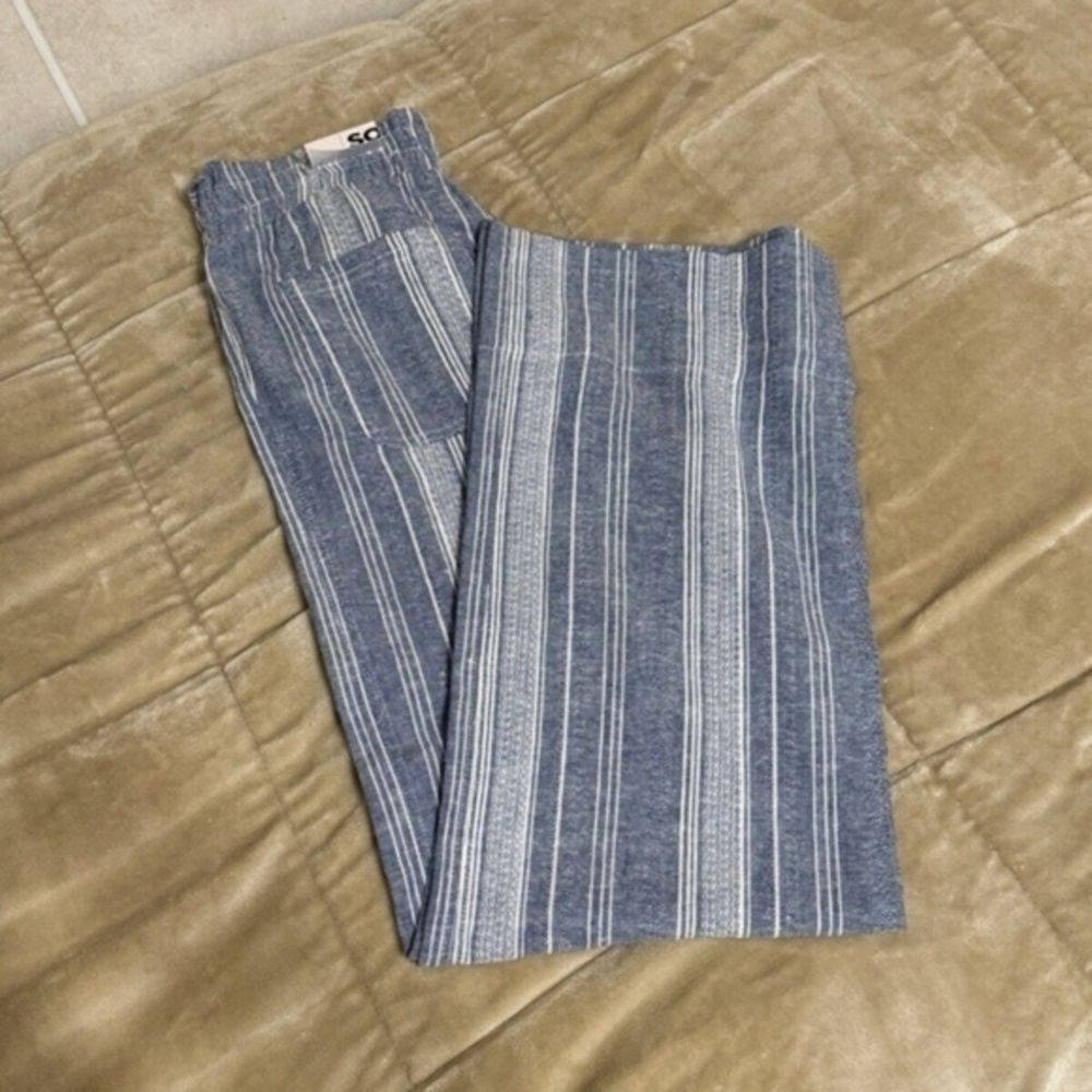So NWT Large Blue & White w/Stripes Linen Blend Wide Leg Pull-On Pants w/Belt